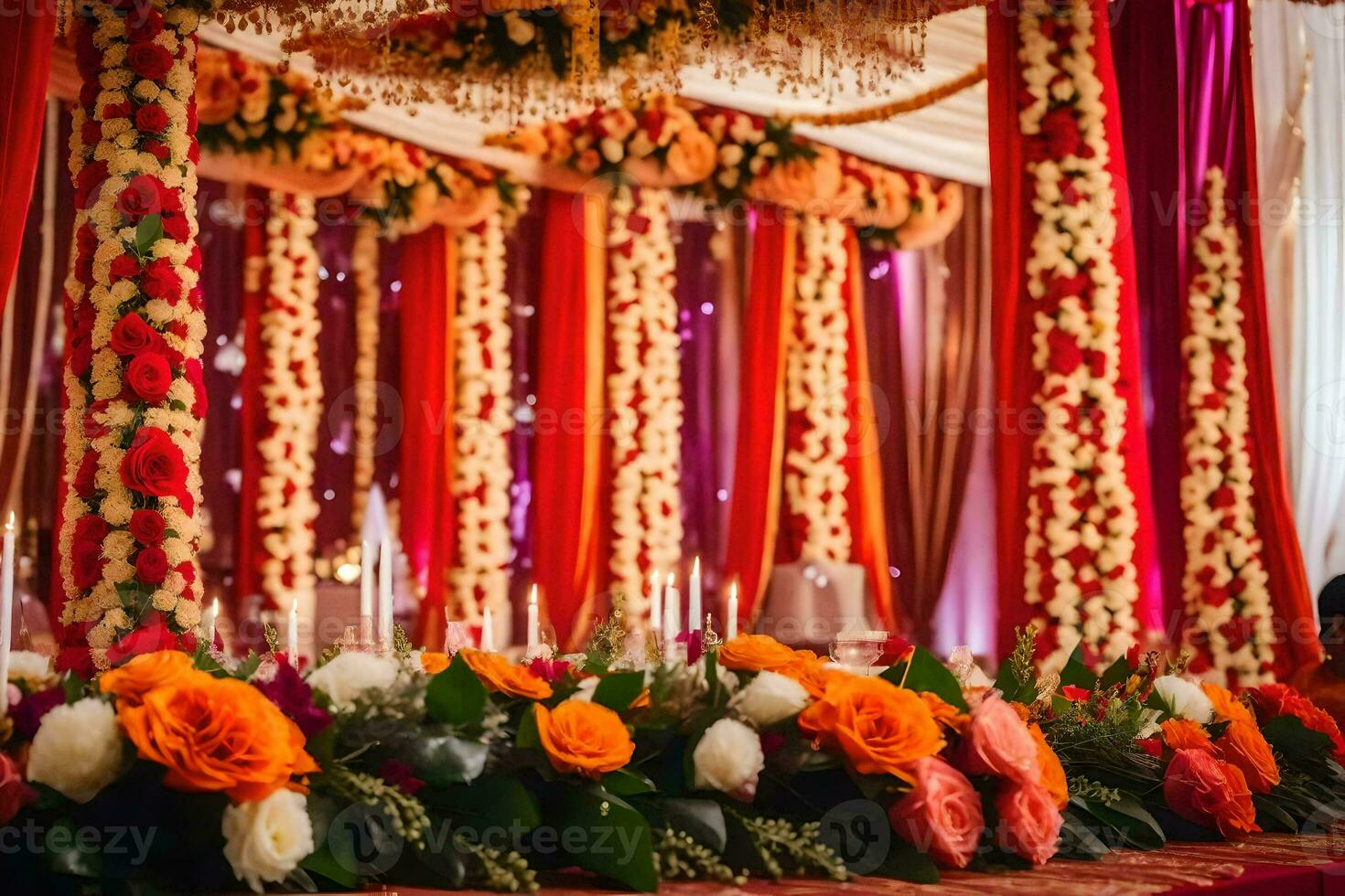 an indian wedding ceremony with red and orange flowers. AI-Generated photo