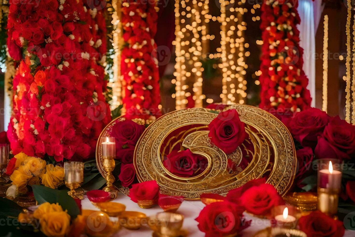 un mesa con rojo y oro decoraciones y velas generado por ai foto