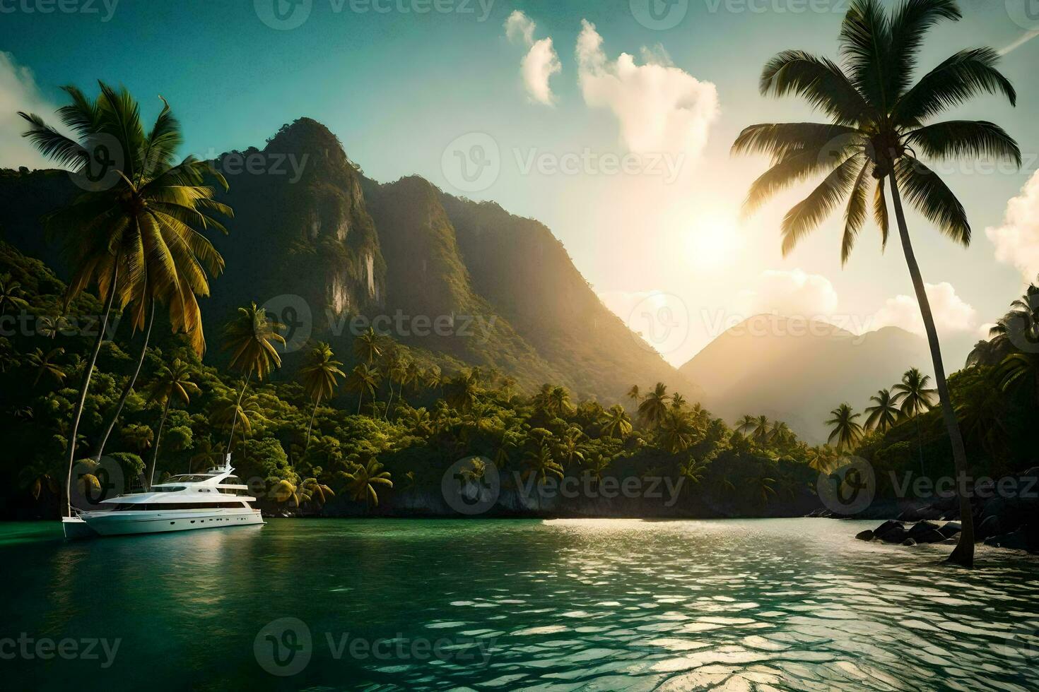 a yacht in the ocean near palm trees. AI-Generated photo