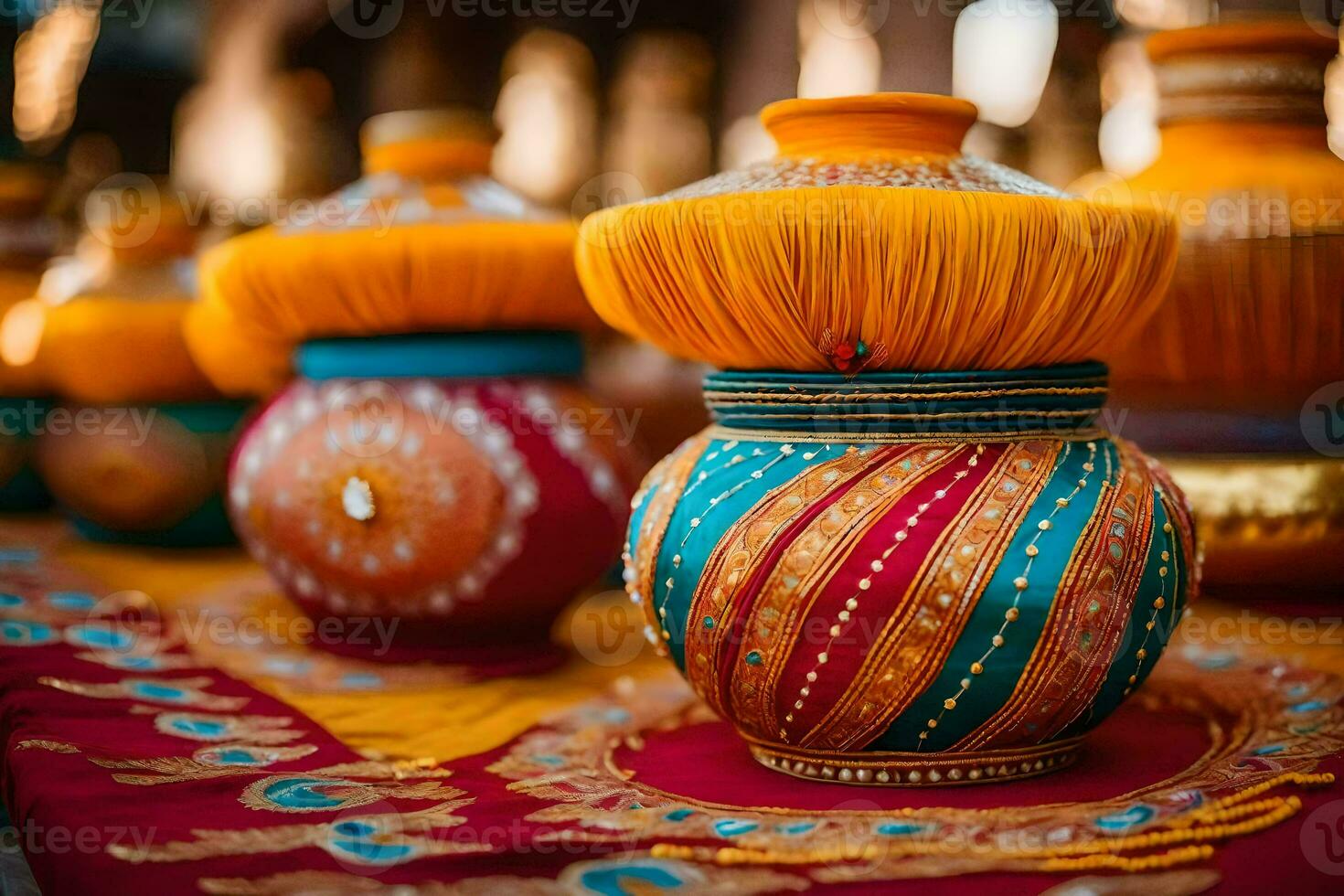 colorful vases on a table with colorful decorations. AI-Generated photo
