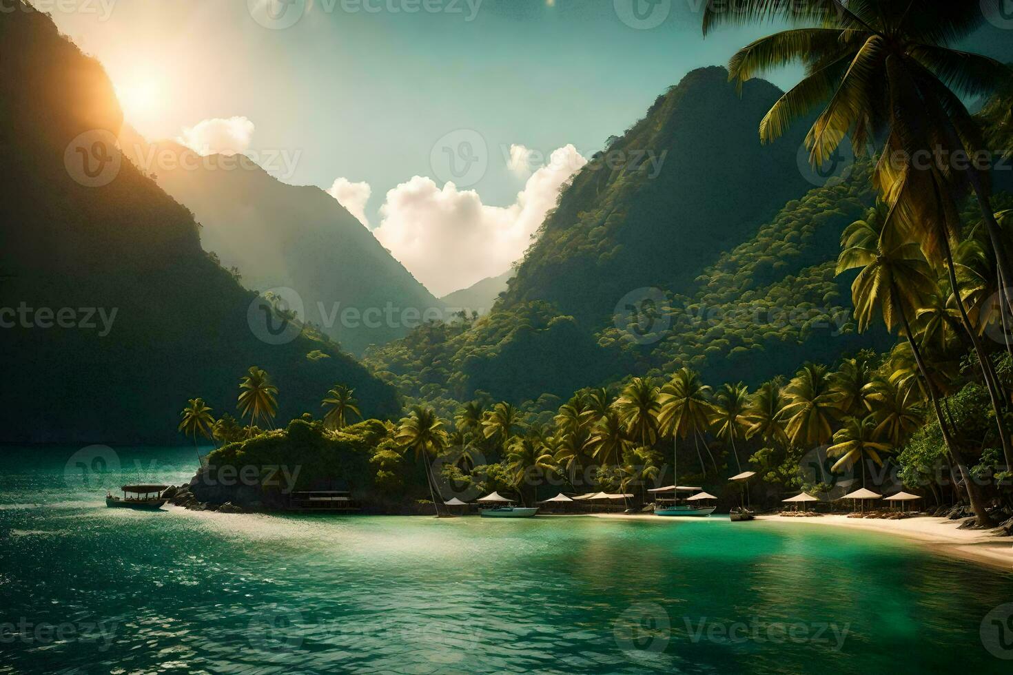 the sun shines over a tropical beach and palm trees. AI-Generated photo