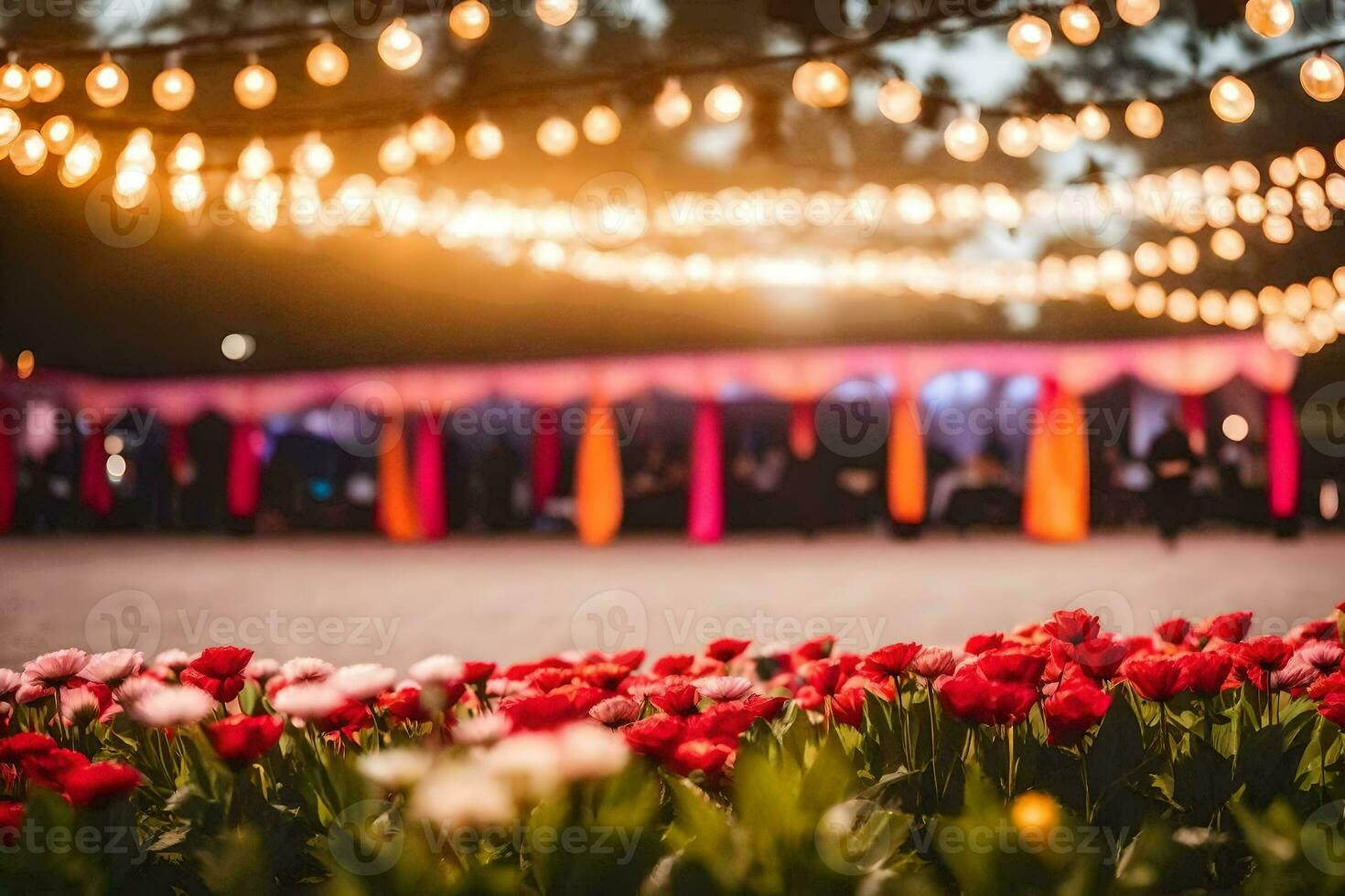 a field of flowers and lights in front of a tent. AI-Generated photo