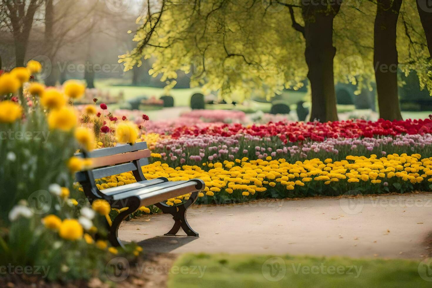 a bench is in front of a flower garden. AI-Generated photo