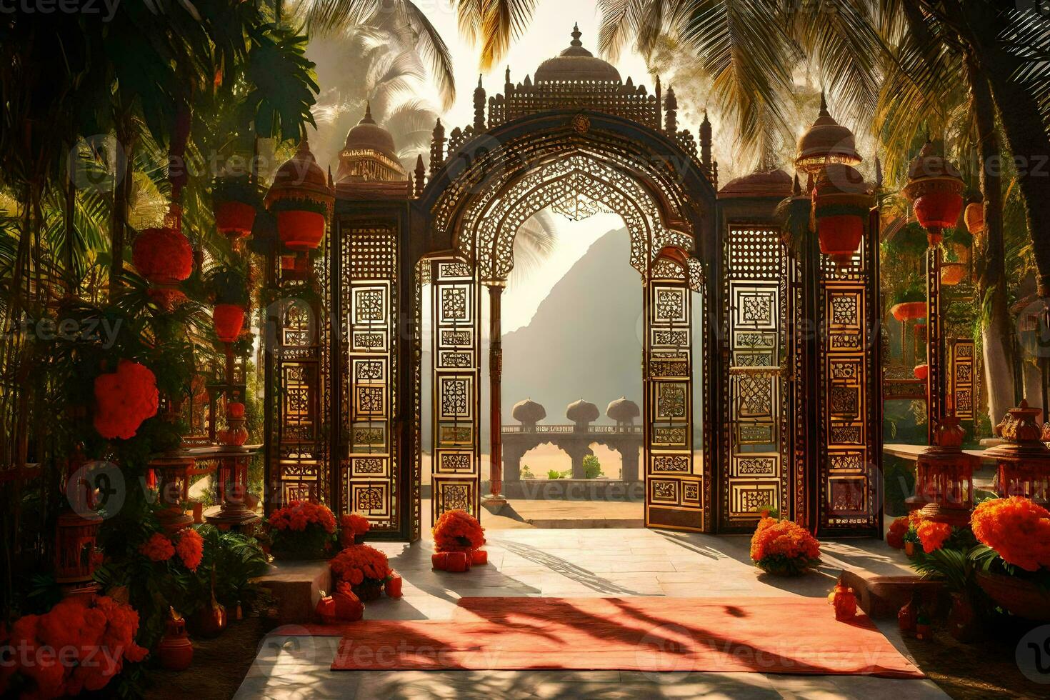 an ornate entrance to a tropical garden. AI-Generated photo