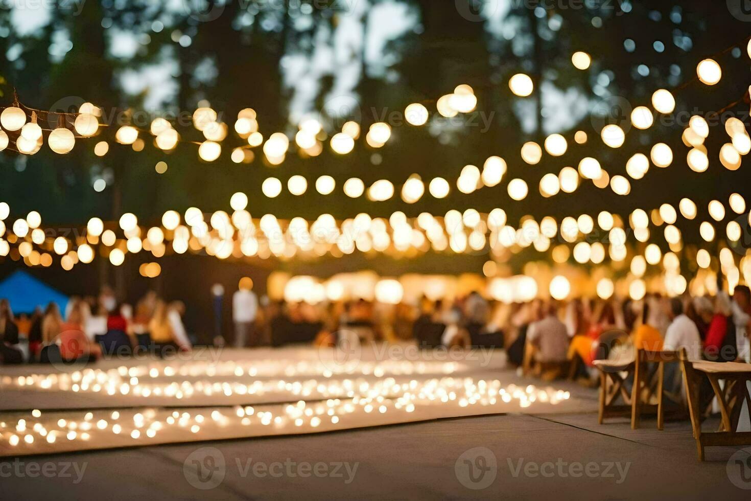 a wedding reception with people sitting on chairs and tables. AI-Generated photo