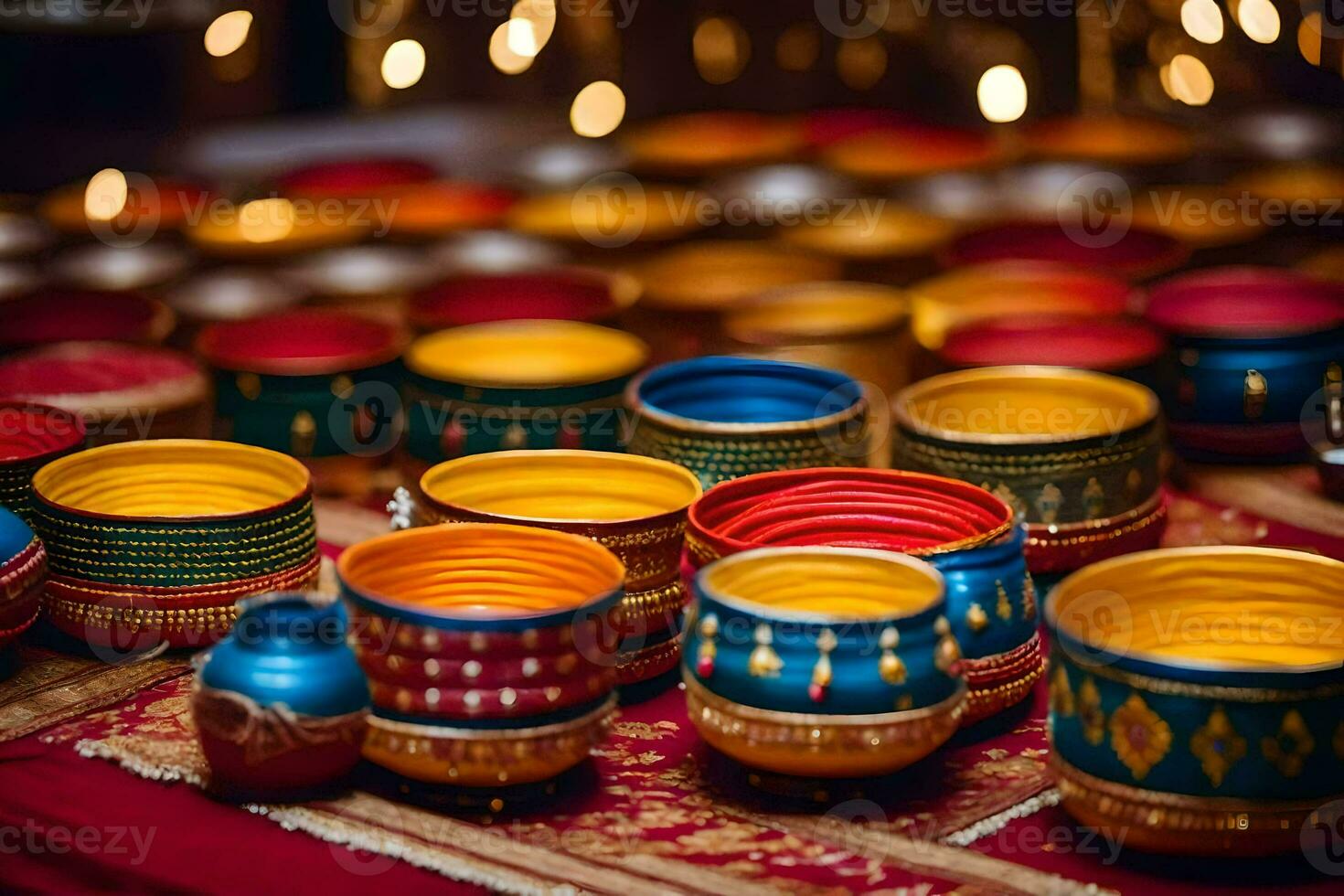 colorful bowls on a table with lights. AI-Generated photo