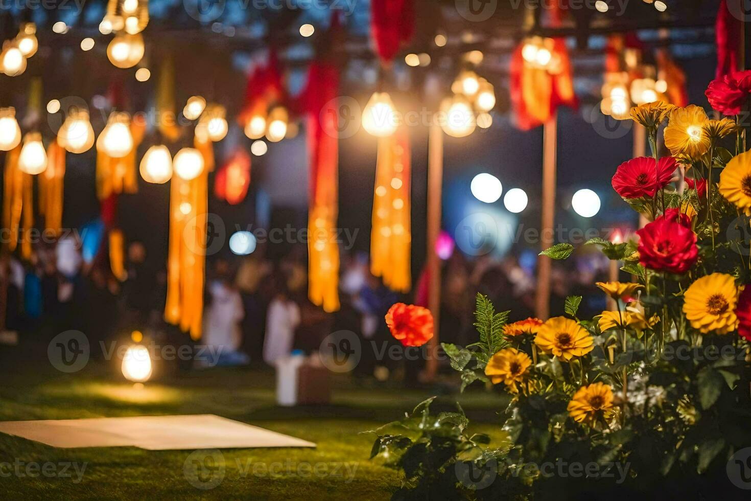 a colorful outdoor wedding with flowers and lights. AI-Generated photo