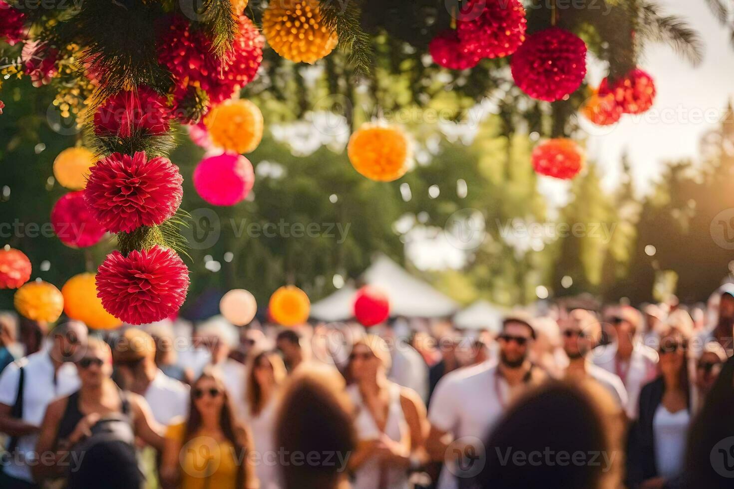 a crowd of people at a festival with colorful paper flowers. AI-Generated photo