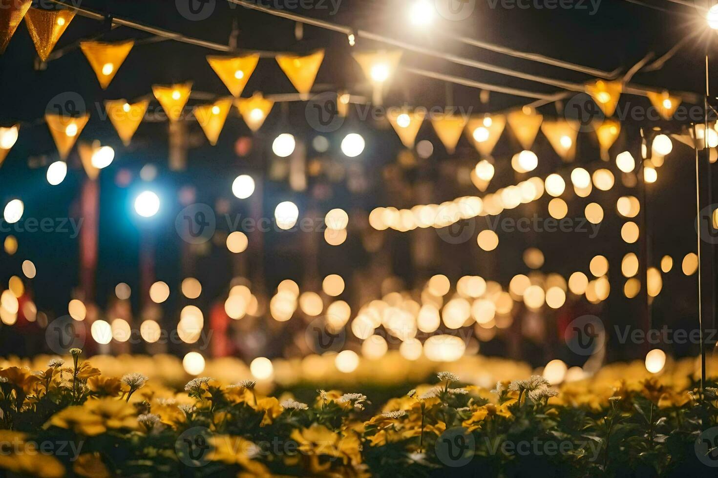 yellow lights and bunting lights in a field. AI-Generated photo