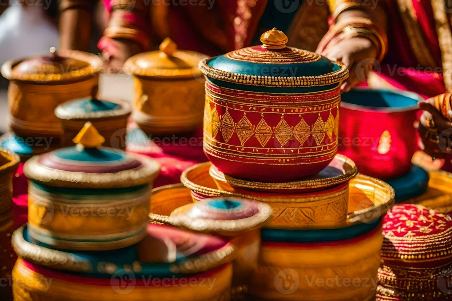 a woman is holding a pot with colorful paint on it. AI-Generated photo