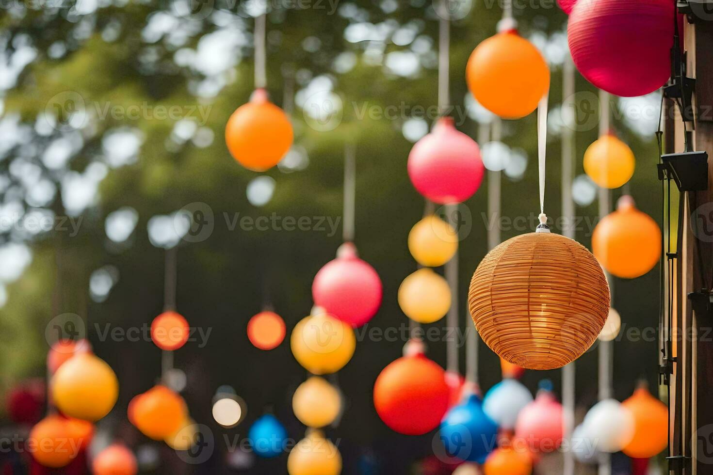 colorful paper lanterns hanging from a tree. AI-Generated photo