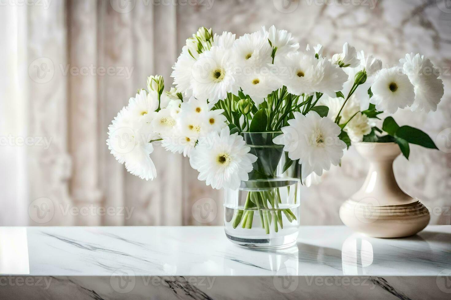 white flowers in a vase on a table. AI-Generated photo