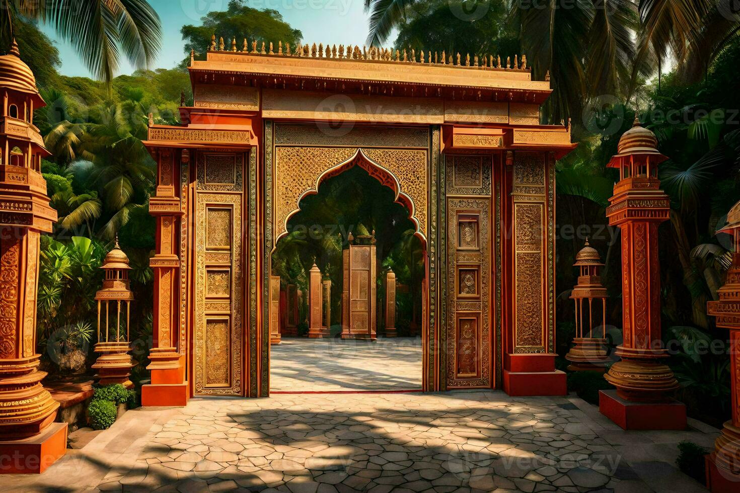 an entrance to a garden with palm trees. AI-Generated photo