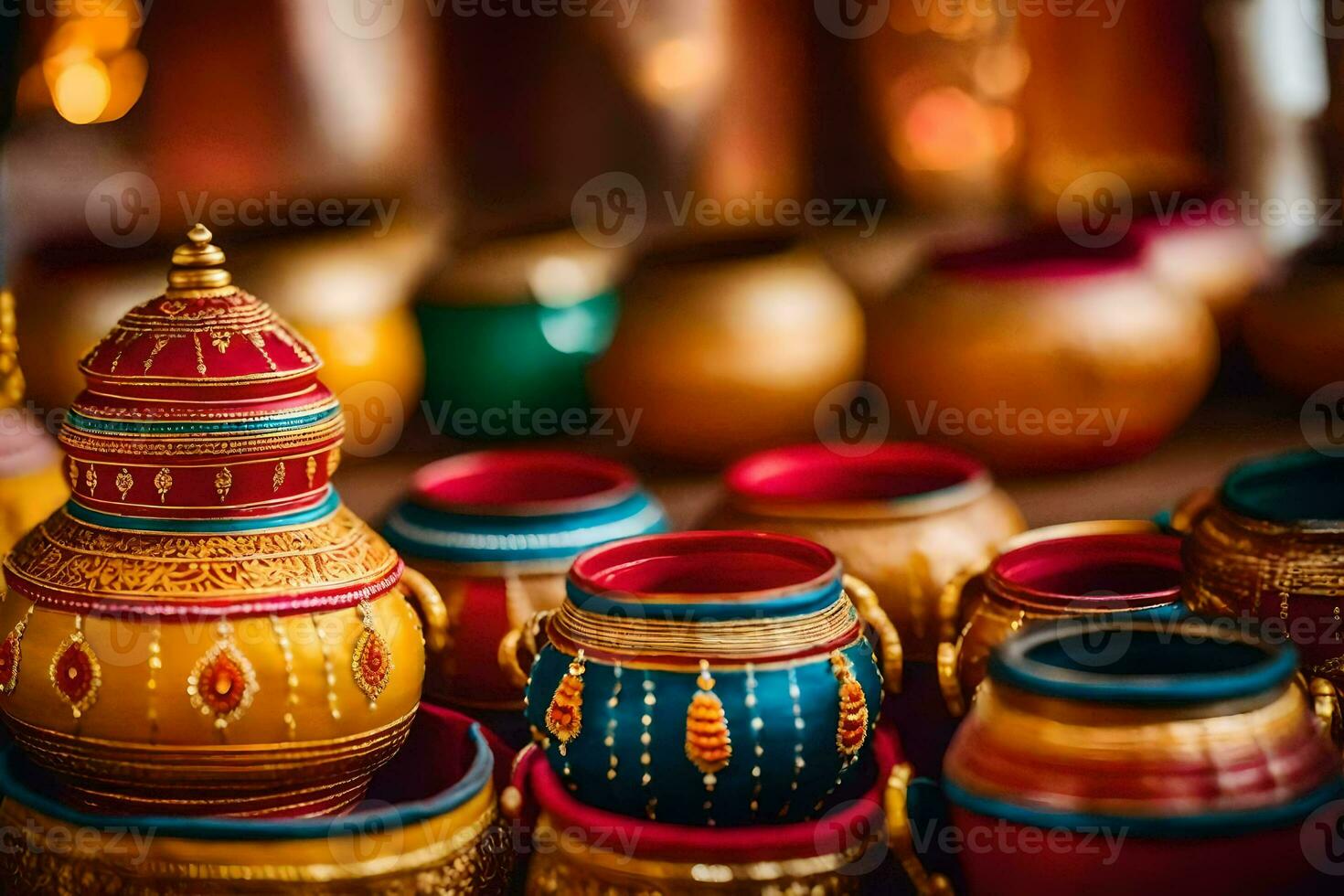 colorful pots and bowls are displayed on a table. AI-Generated photo