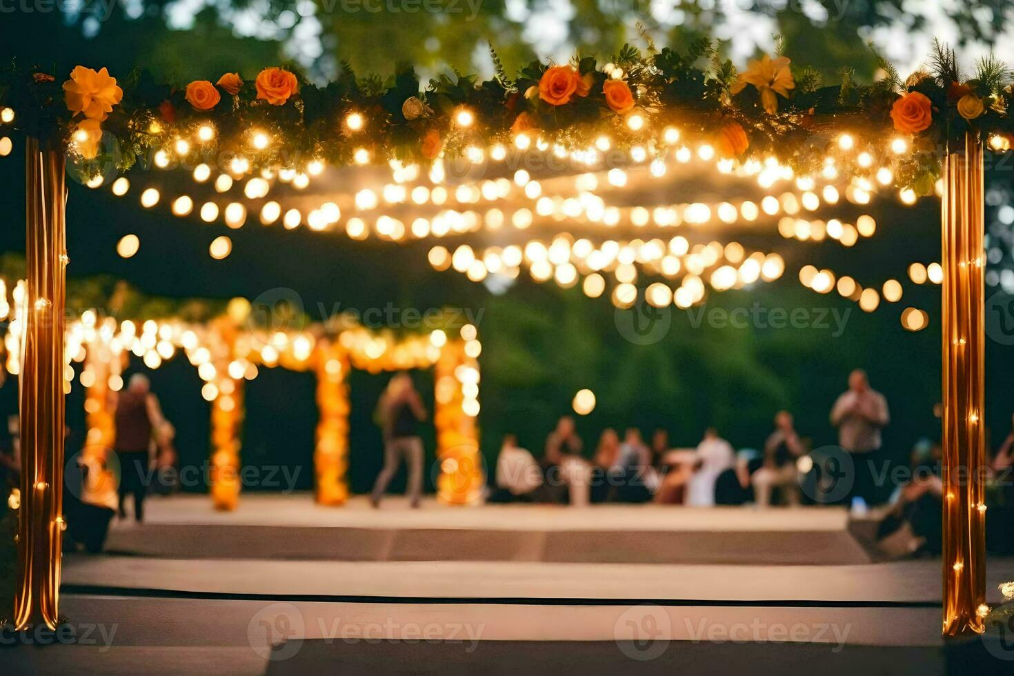 a wedding ceremony with lights and flowers. AI-Generated photo