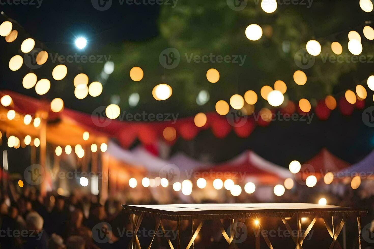 un mesa con luces y personas a noche. generado por ai foto