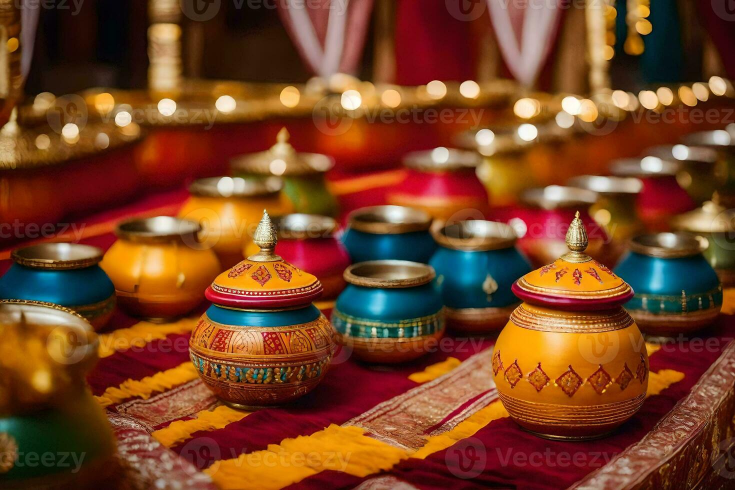 colorful pots and vases on a table with candles. AI-Generated photo