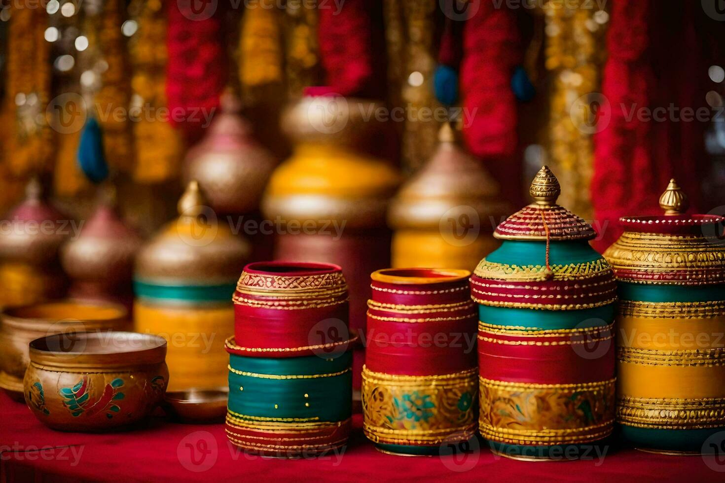 colorful pots and bowls on a red table. AI-Generated photo