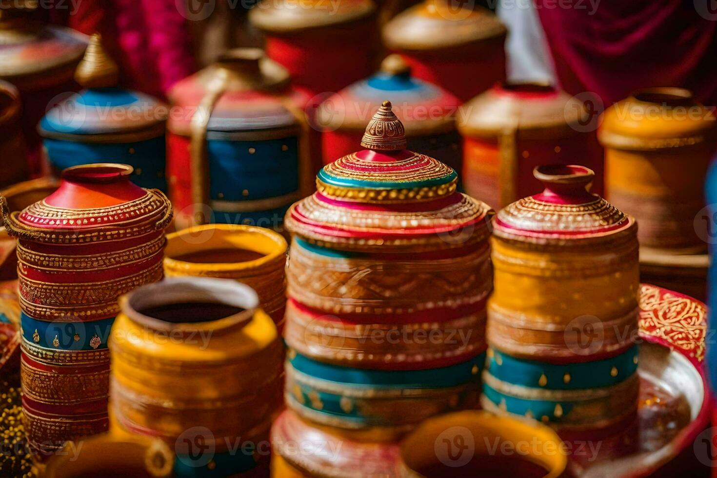 colorful pots and vases are displayed on a table. AI-Generated photo