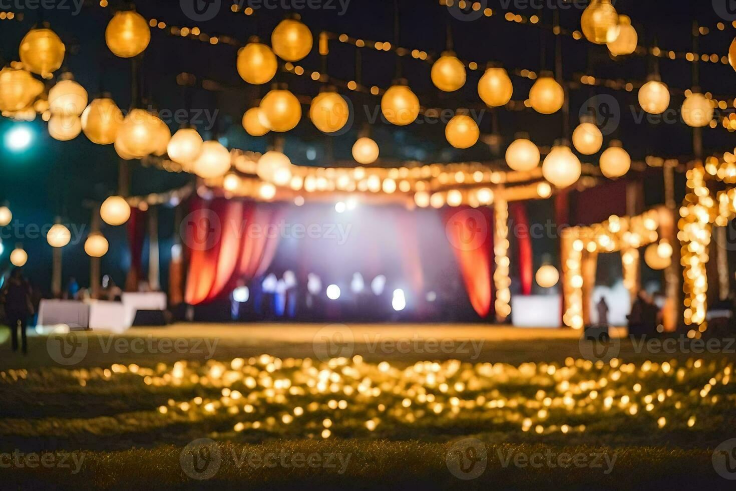 a wedding reception with lights and candles. AI-Generated photo