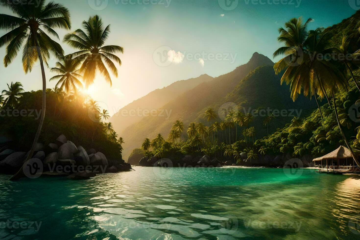 tropical isla con palma arboles y agua. generado por ai foto