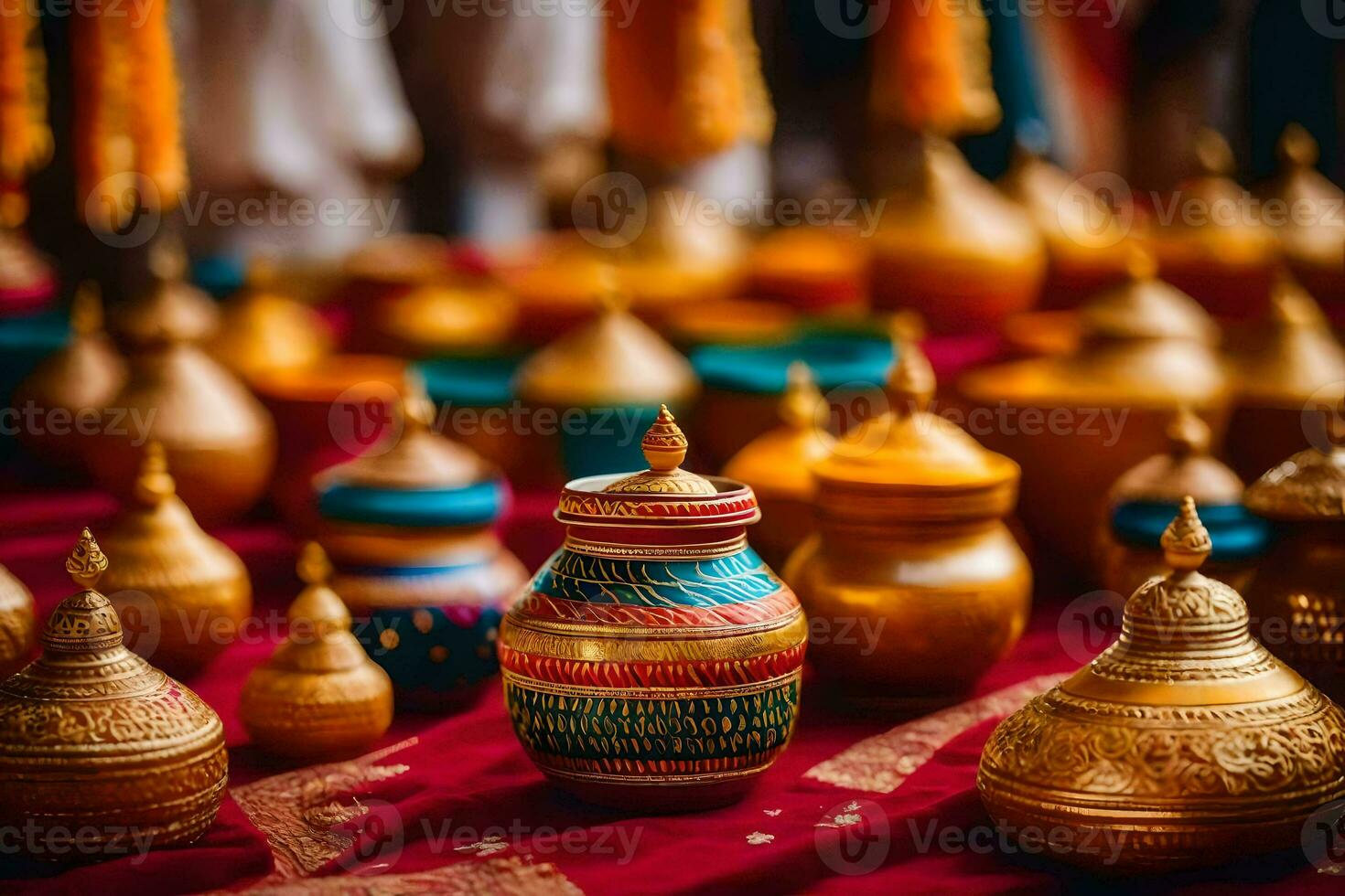 golden pots and vases on a red table. AI-Generated photo