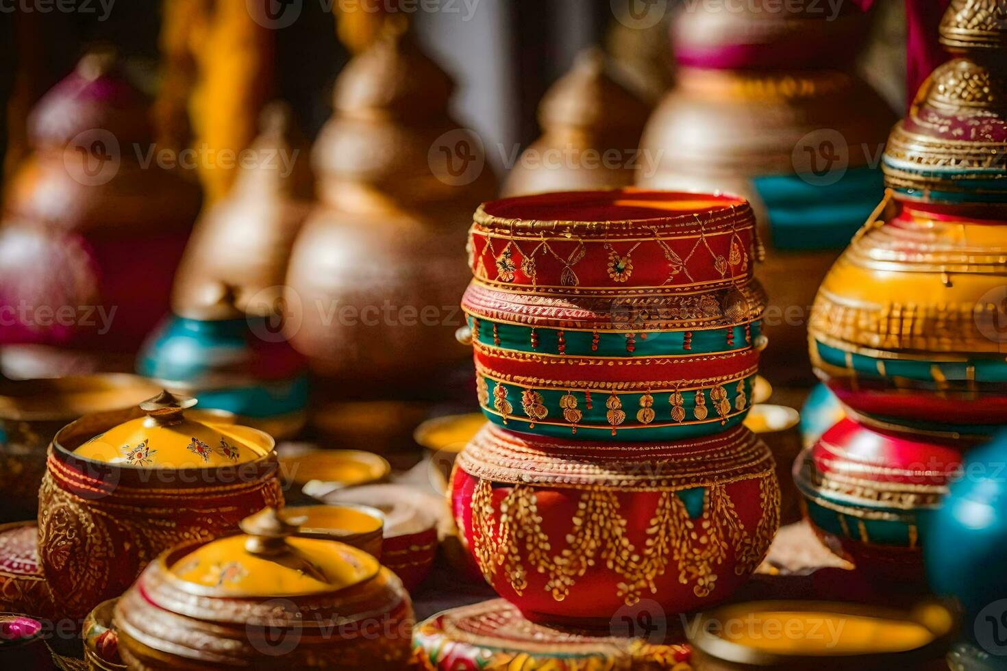 colorful pots and vases are displayed on a table. AI-Generated photo
