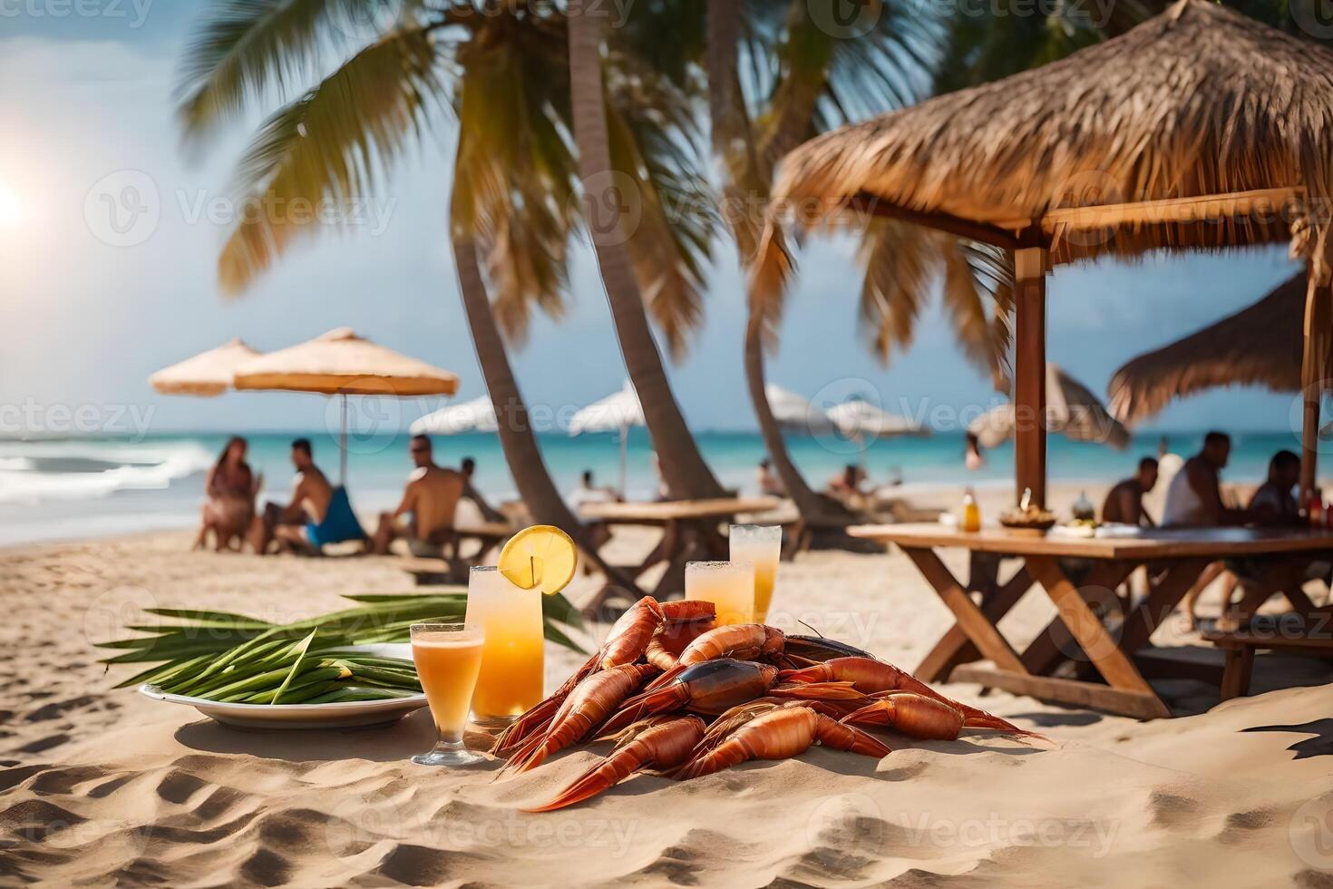 a table with lobster, vegetables and juice on the beach. AIGenerated