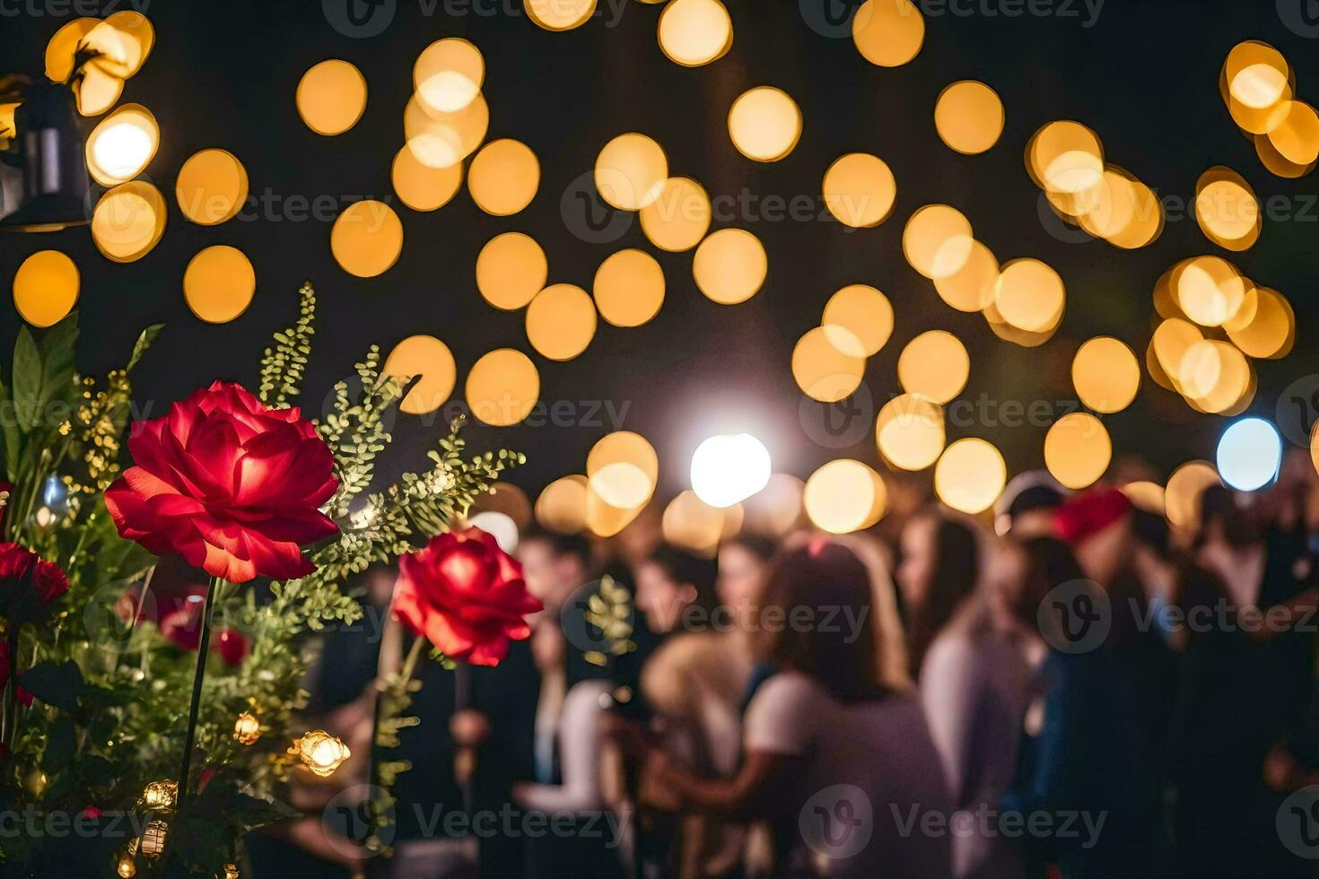 flores en un florero con personas en el antecedentes. generado por ai foto