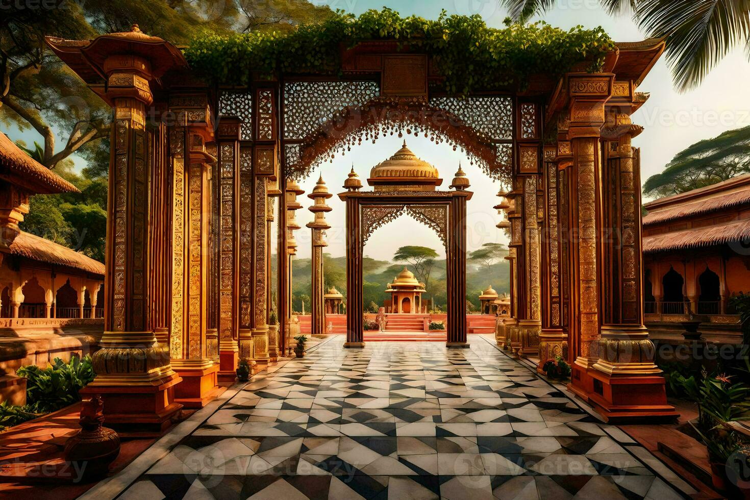 the entrance to a palace with ornate architecture. AI-Generated photo