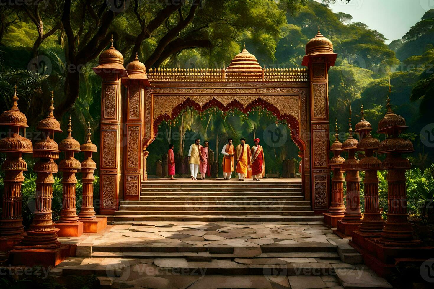 a group of people standing in front of a temple. AI-Generated photo