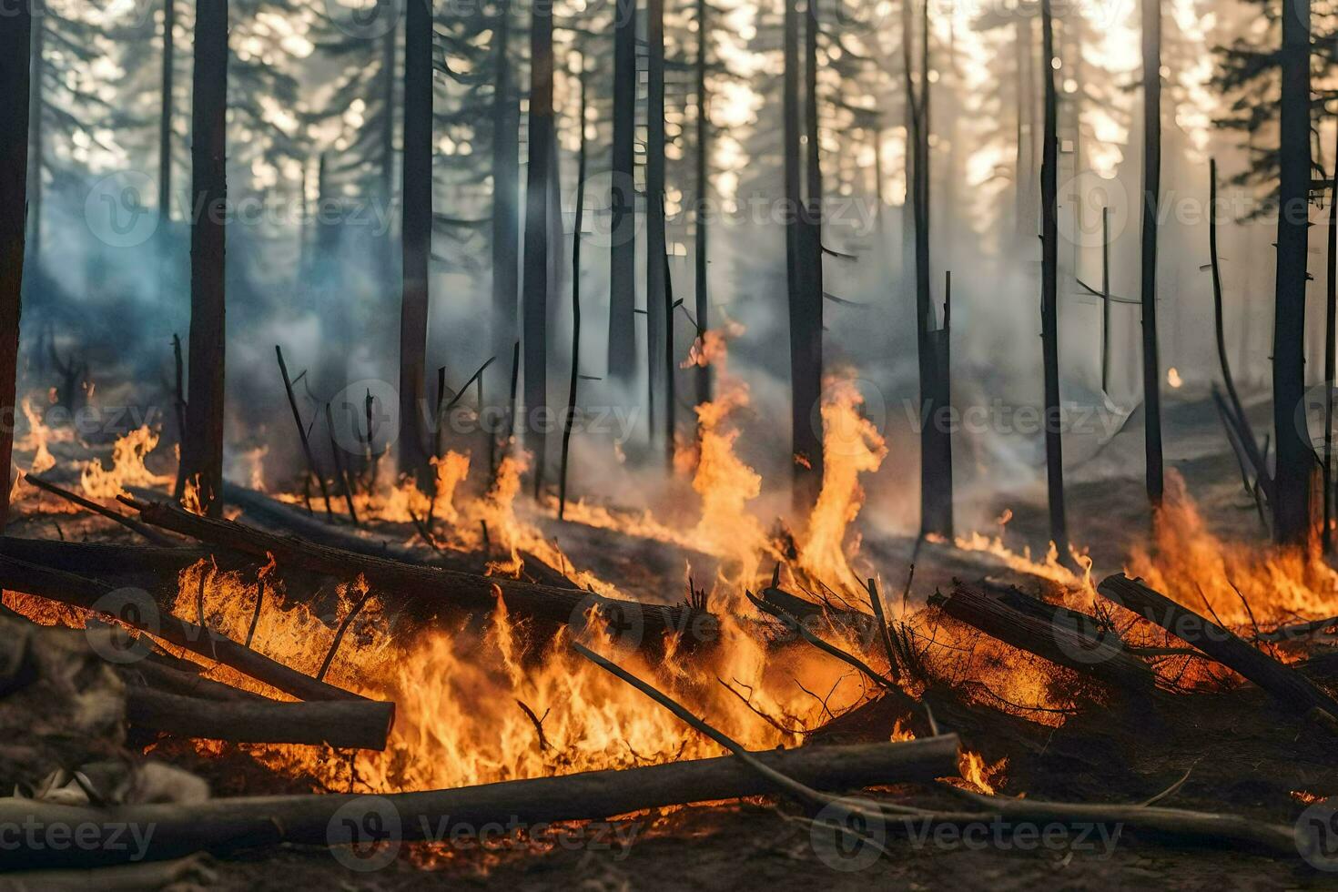 a forest fire in the middle of a forest. AI-Generated photo