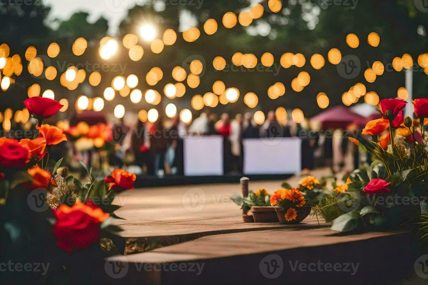 a wooden stage with flowers and lights. AI-Generated photo