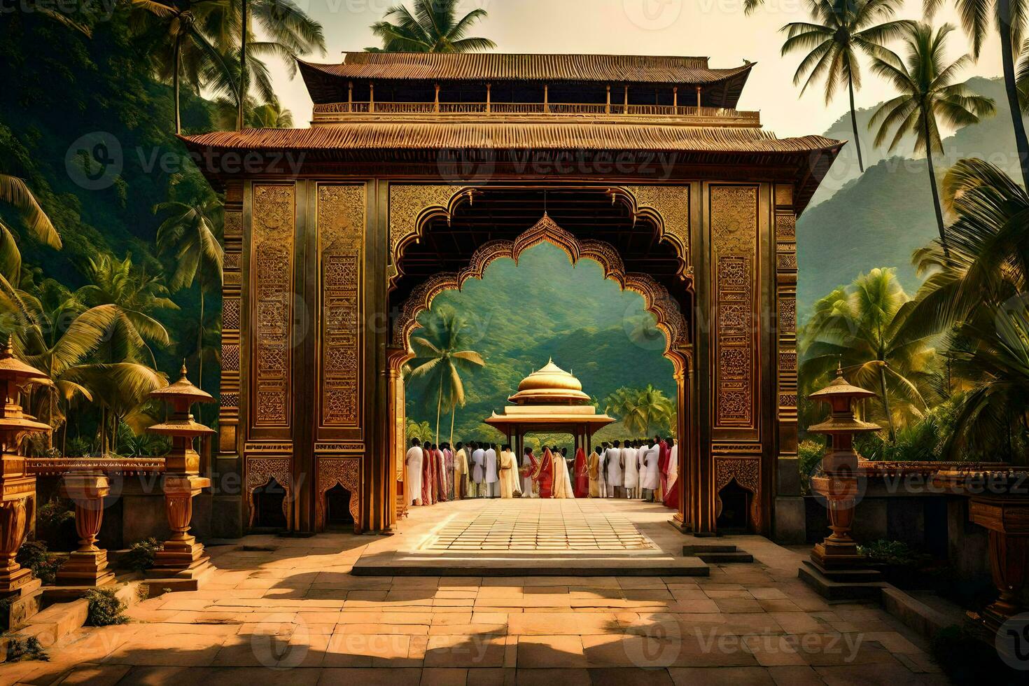 a golden archway in front of palm trees. AI-Generated photo