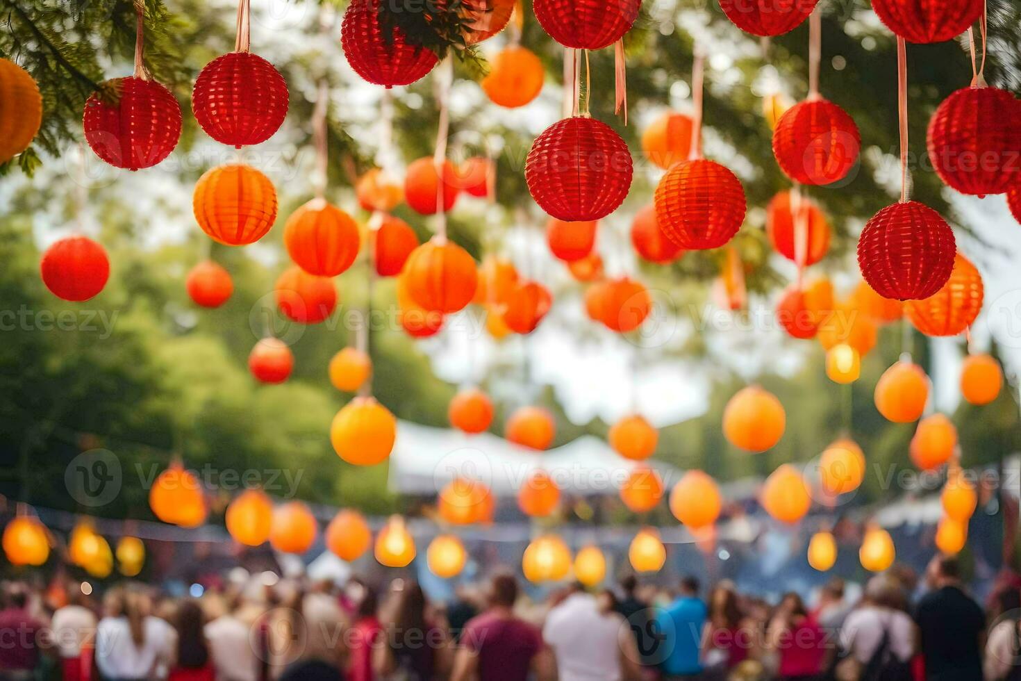 many people are gathered around a large group of orange paper lanterns. AI-Generated photo