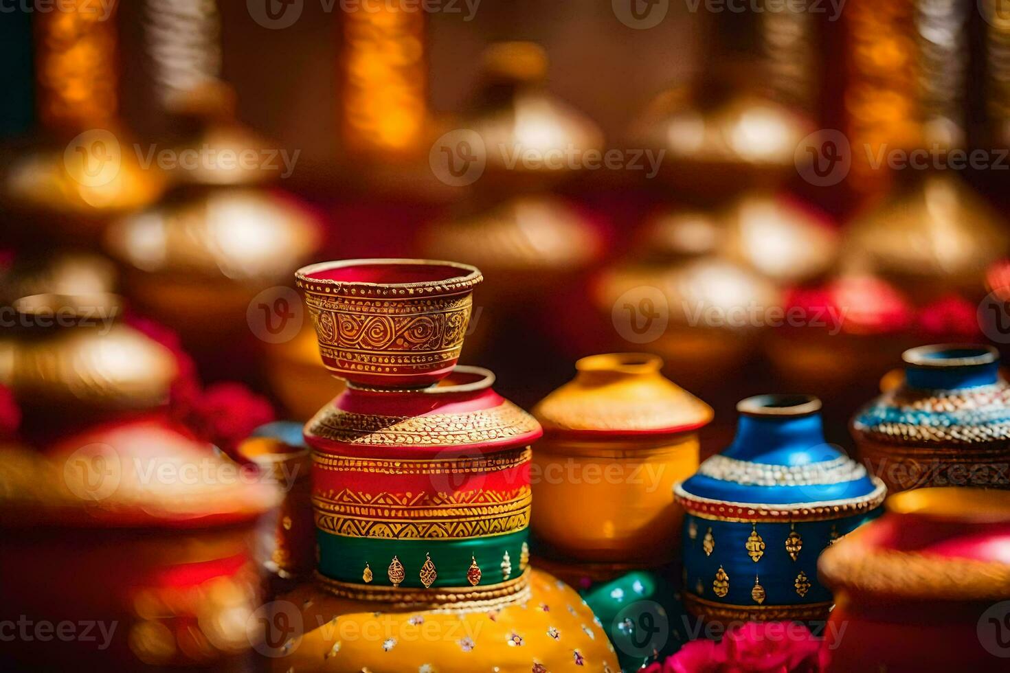 a collection of colorful vases on display. AI-Generated photo