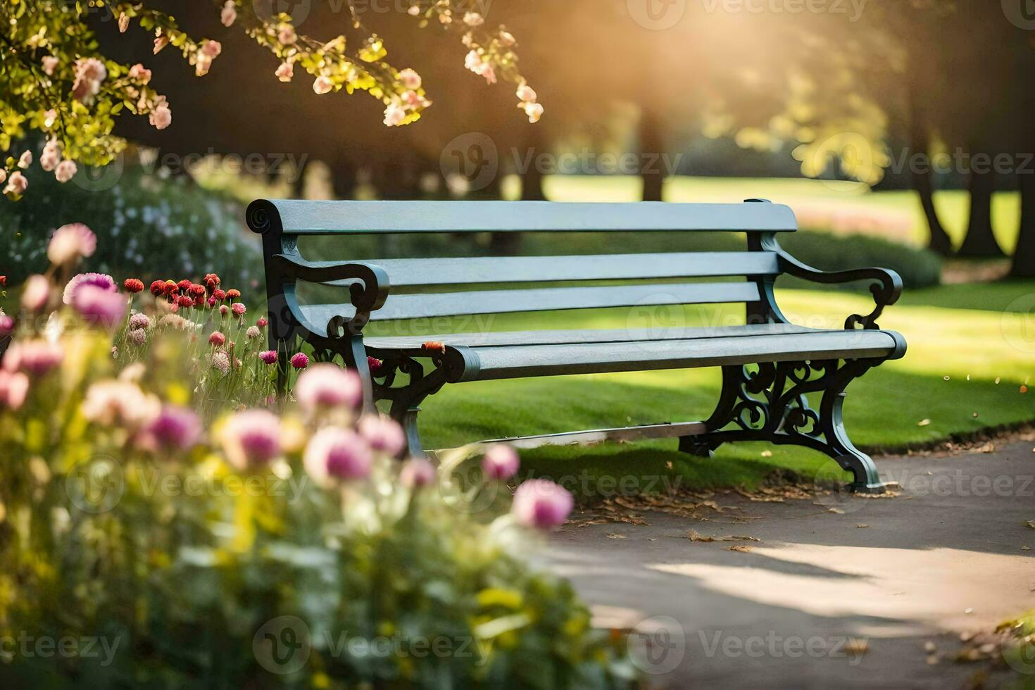 a bench in a park with flowers and trees. AI-Generated photo