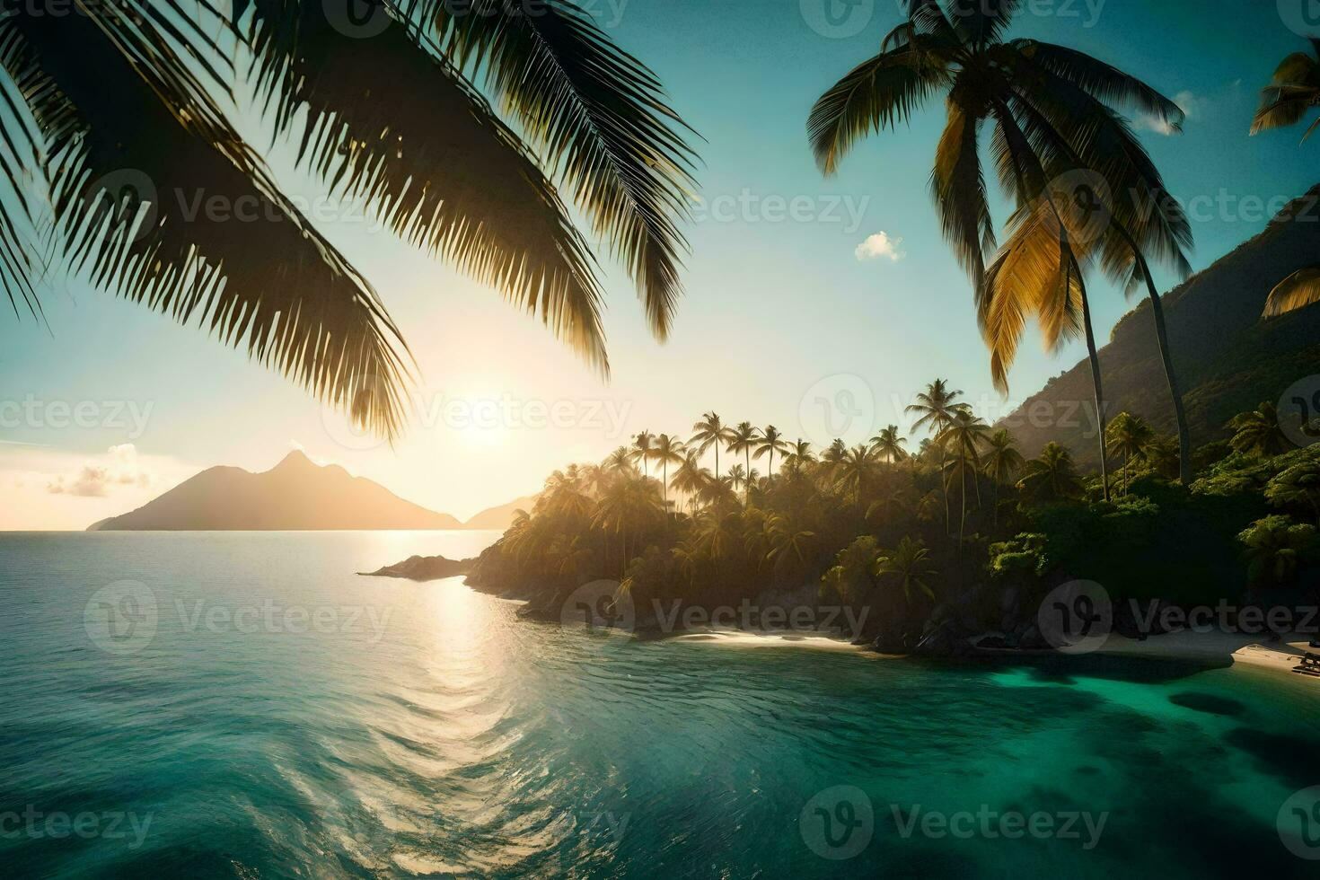 the sun sets over a tropical island. AI-Generated photo