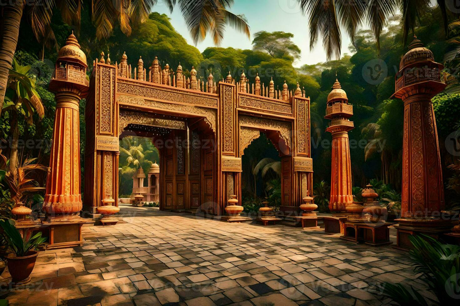 an ornate entrance to a garden with palm trees. AI-Generated photo