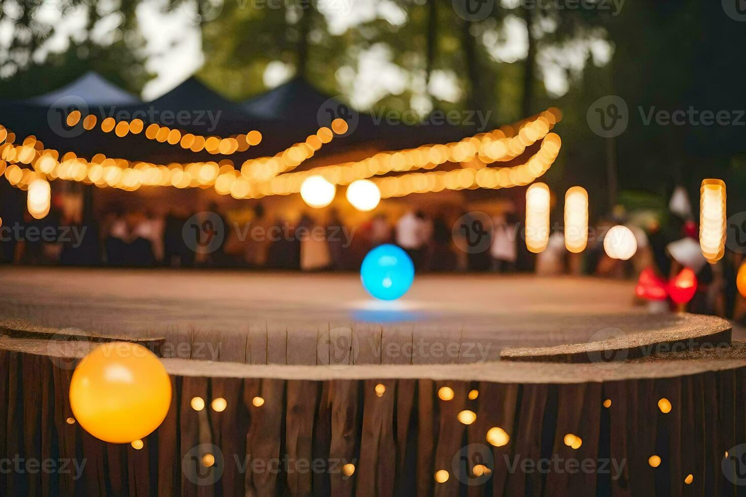 a wooden table with balloons and lights. AI-Generated photo