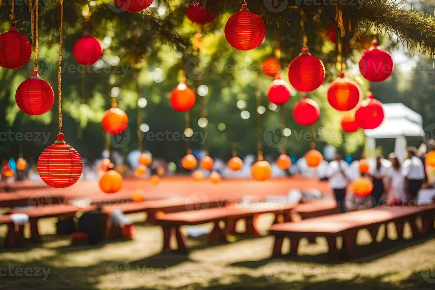 red lanterns hanging from trees in a park. AI-Generated photo