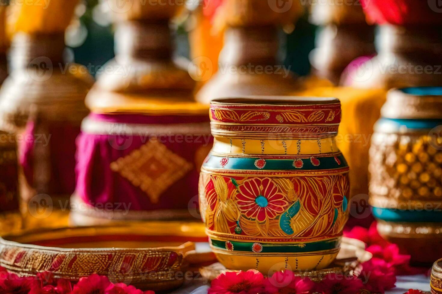 a table with many colorful vases and pots. AI-Generated photo