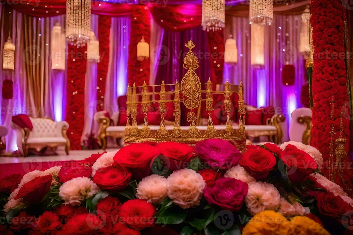 un Boda ceremonia con un corona y rojo flores generado por ai foto