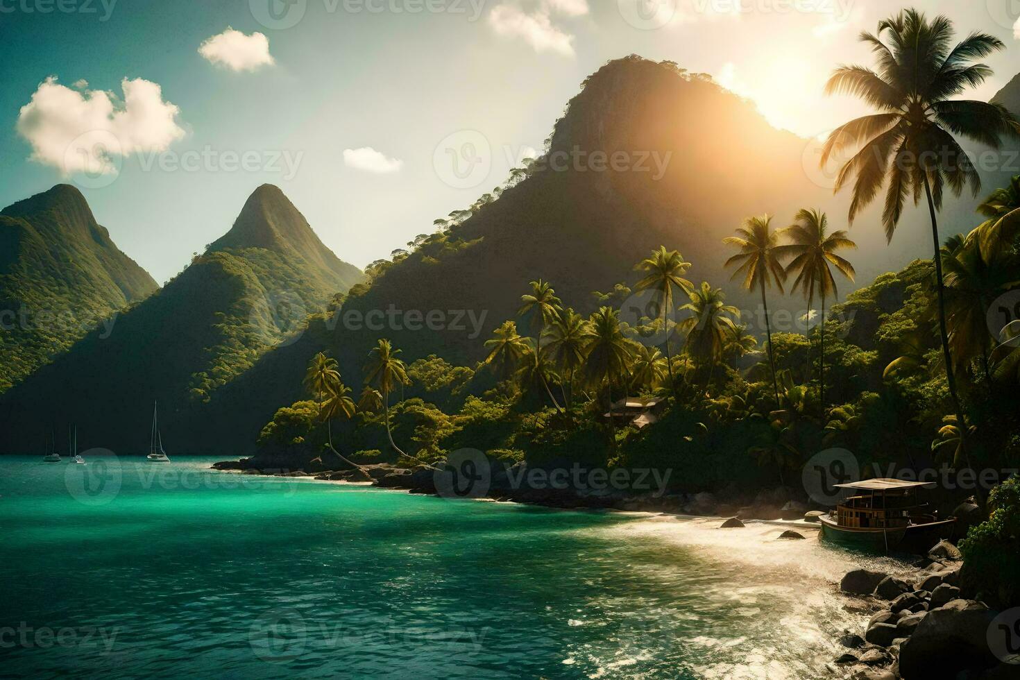 the sun shines over a tropical beach and mountains. AI-Generated photo