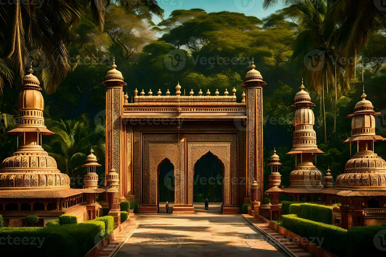 the entrance to a garden with many ornate buildings. AI-Generated photo