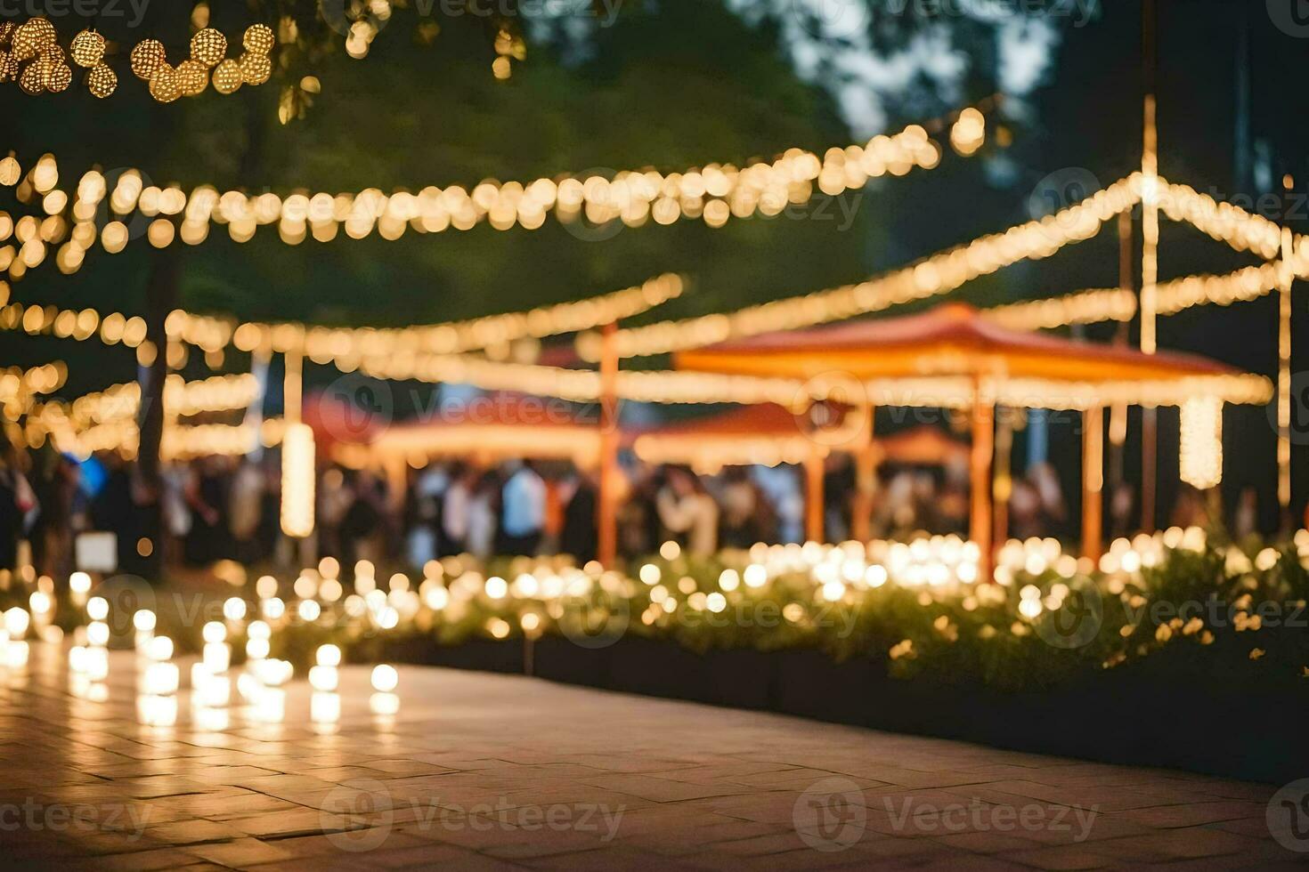 a walkway with lights and candles. AI-Generated photo