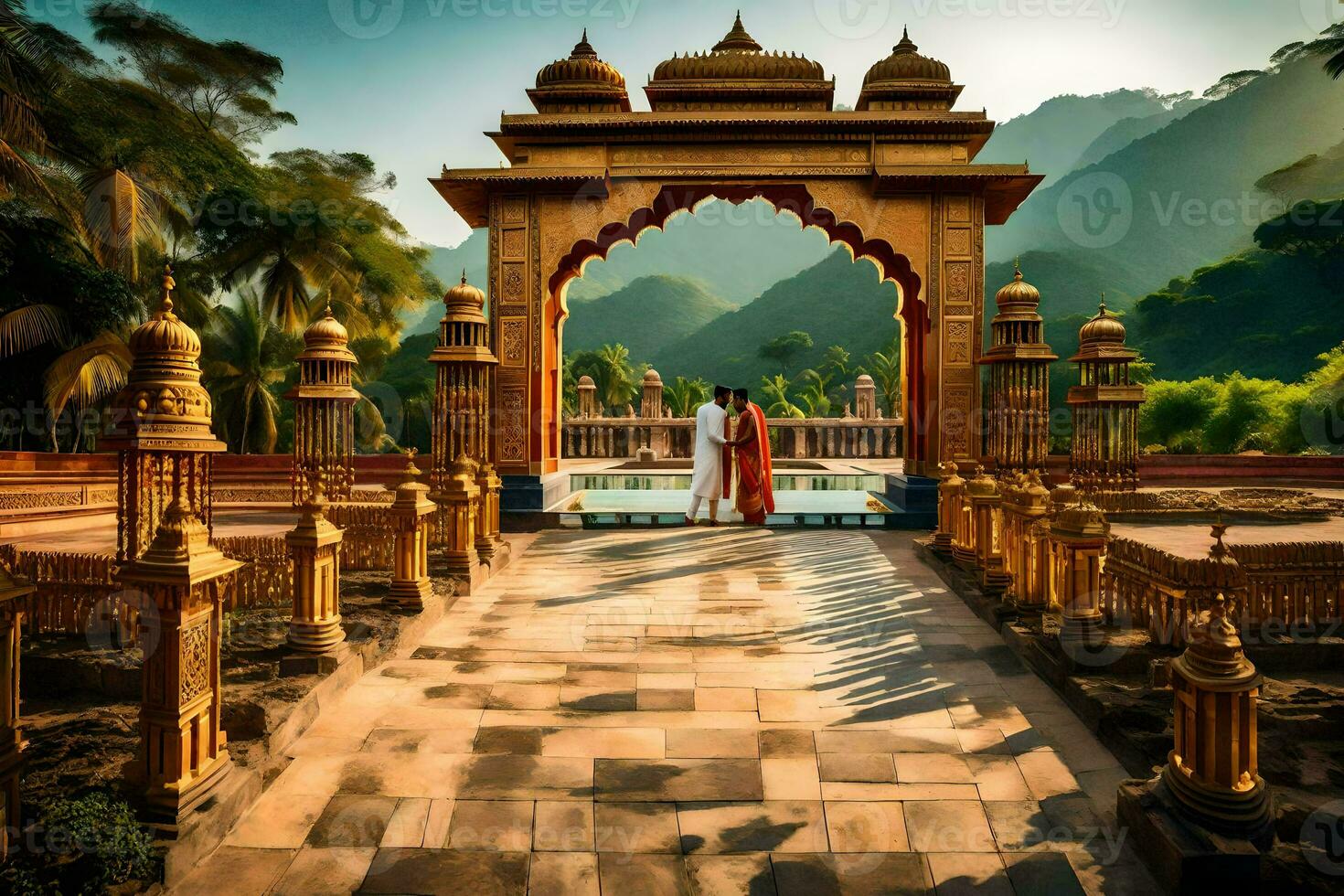 a couple standing in front of an ornate archway. AI-Generated photo