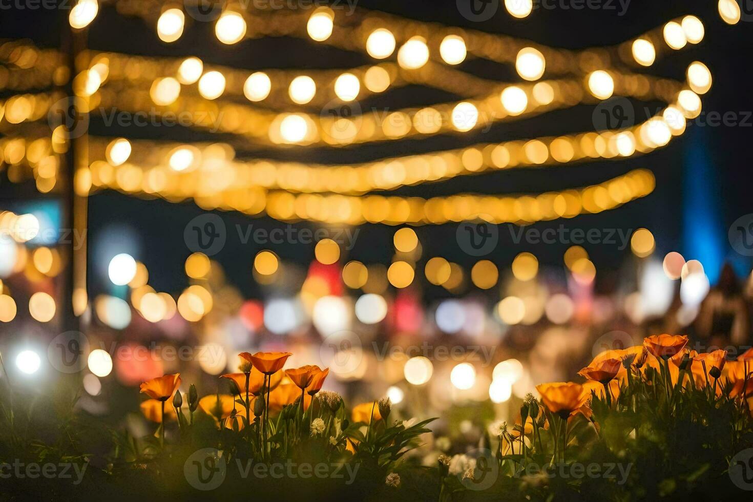 a field of flowers and lights at night. AI-Generated photo