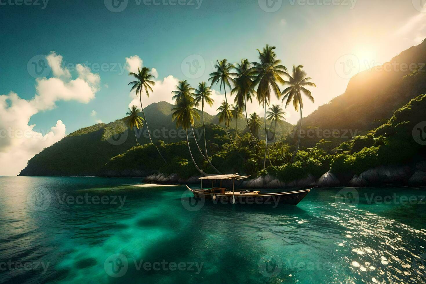 a boat in the ocean near palm trees. AI-Generated photo