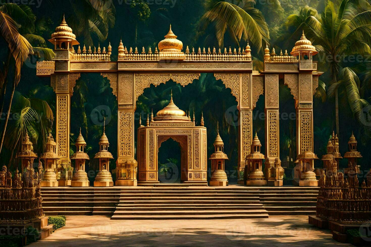 an ornate golden temple in the middle of a tropical forest. AI-Generated photo